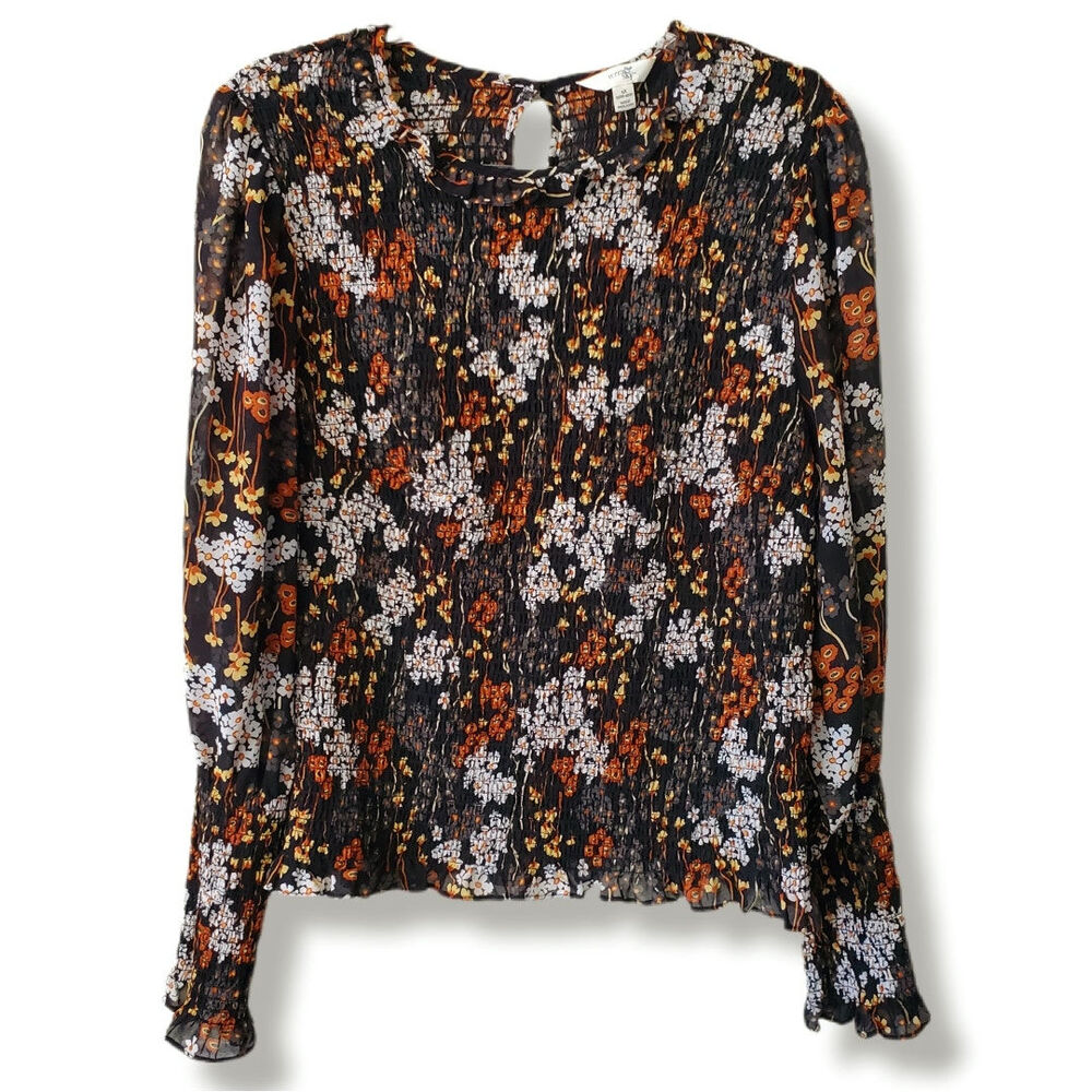 Women Black Floral Smocked Boho Top Blouse XL Cottage Feminine Romantic Whimsy